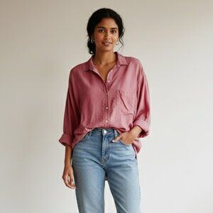 LOFT Relaxed Oversized Button-Down Shirt | Soft Pink | Drapey Sheen | Large